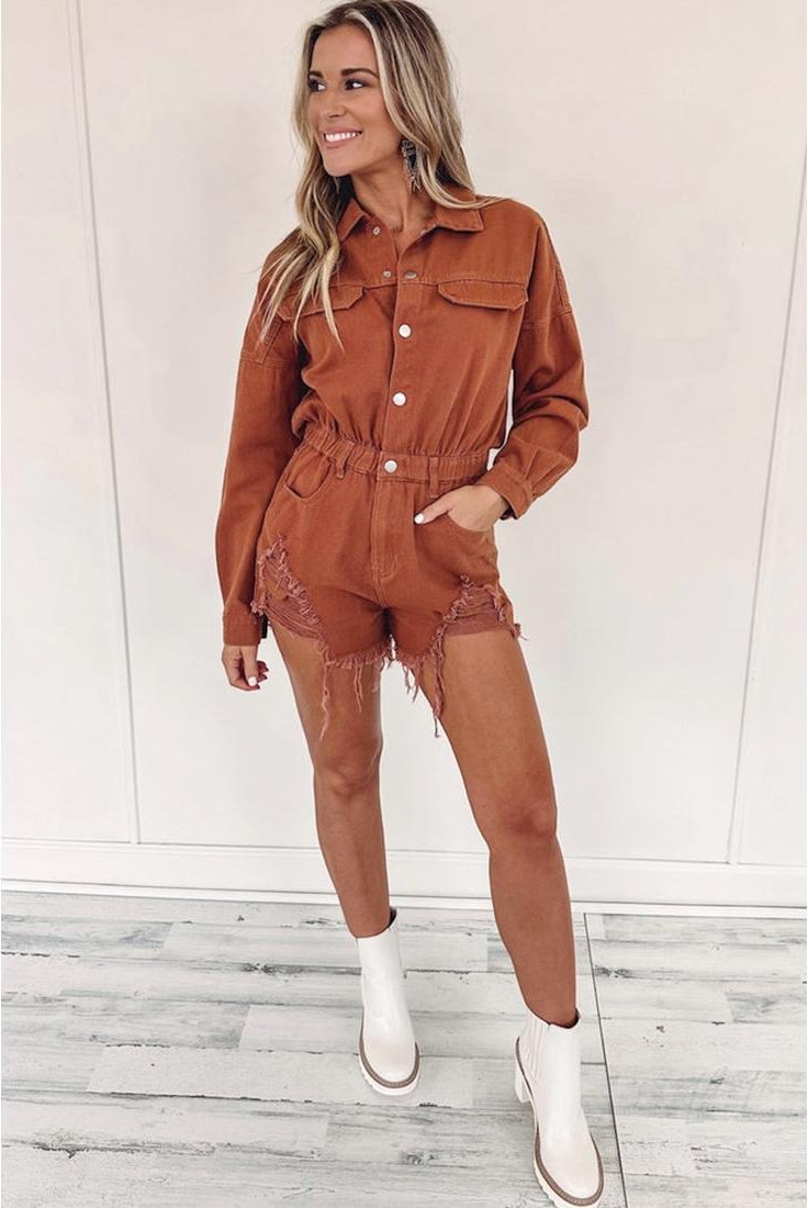Thumbnail - Azura Exchange Gold Flame Langarm-Snap-Buttons Vernarbter Denim-Overall