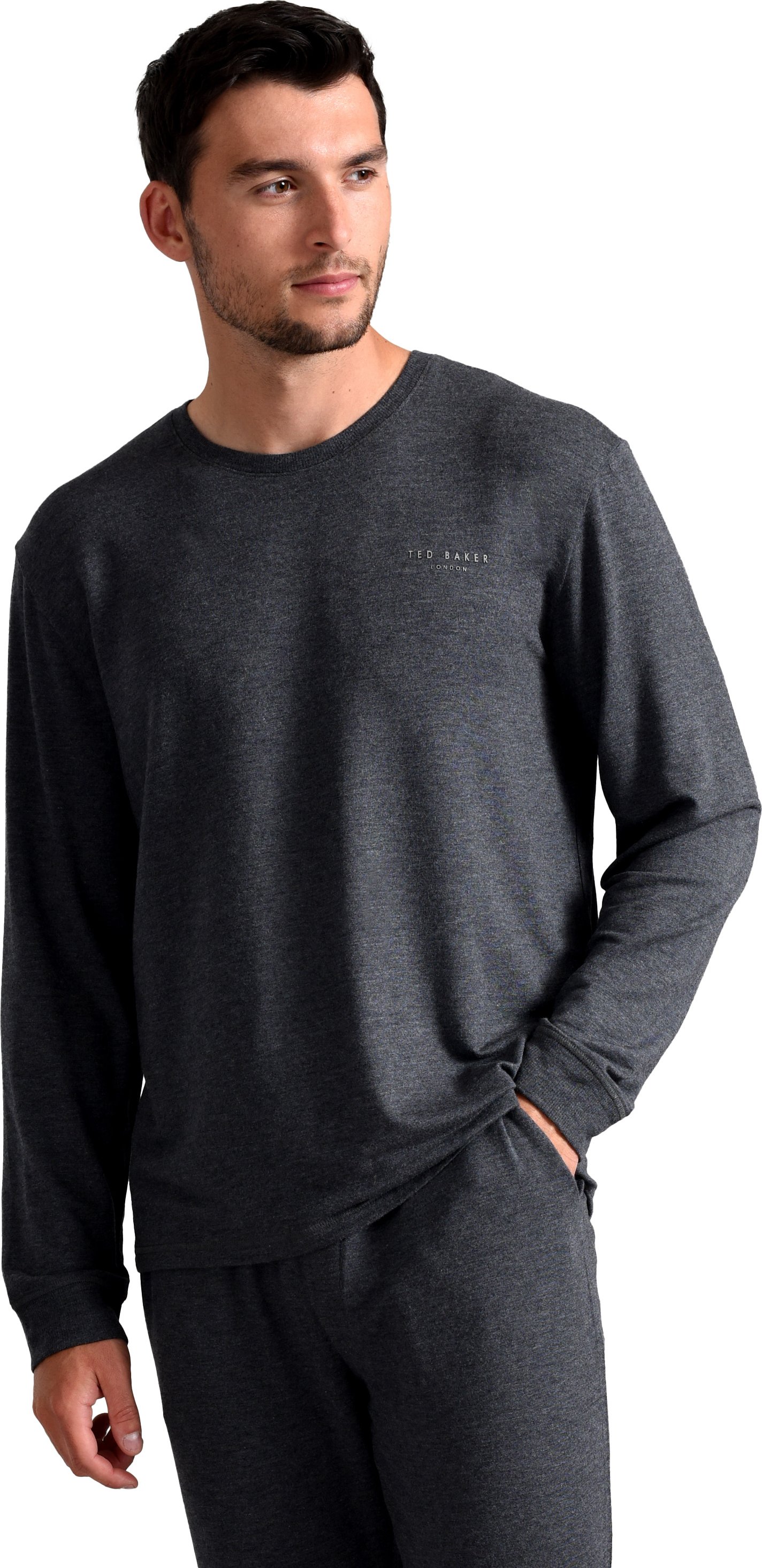 Thumbnail - Ted Baker Langarm-Pyjama-Oberteil | Atmungsaktives lässiges Herren-Langarm-T-Shirt - Anthrazit