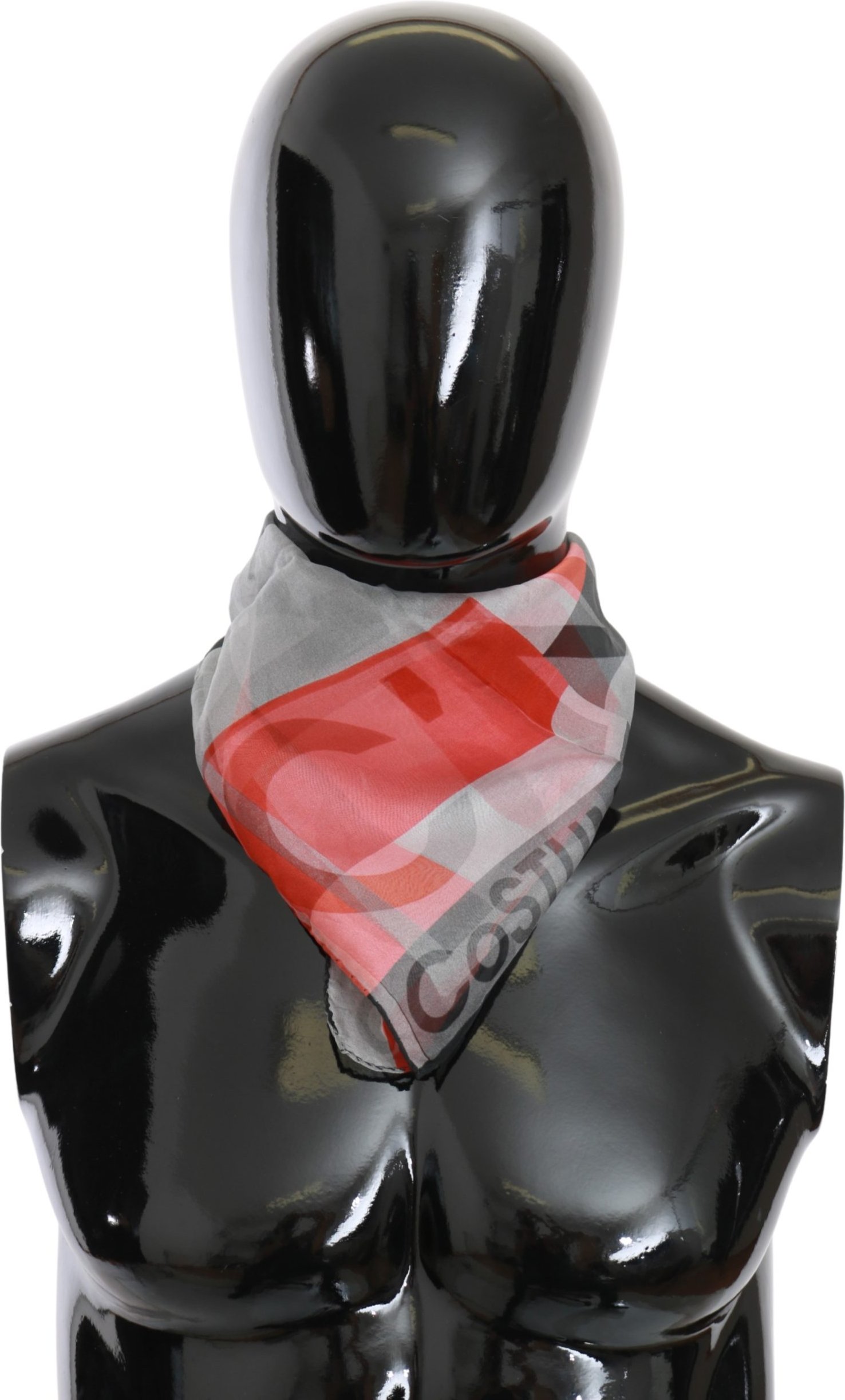 Kostüm National Rot 100 % Seide Grauer Schal mit Markenzeichen