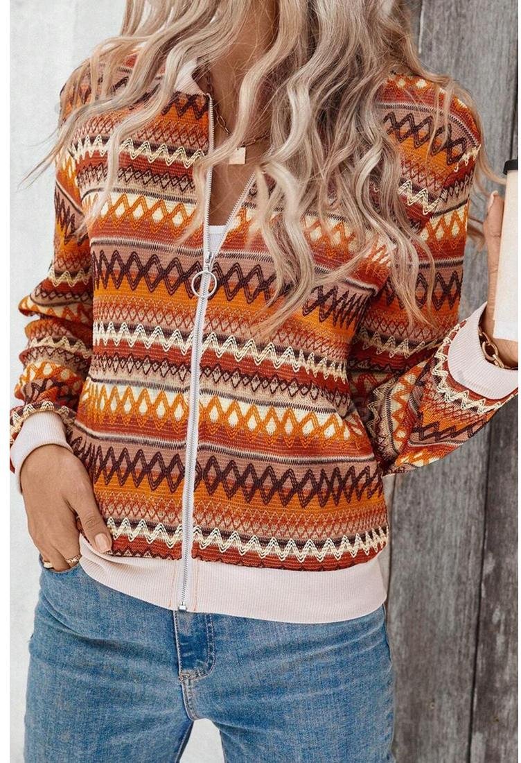 Thumbnail - Azura Exchange Orange Boho Gestreifter Reißverschluss Langarmjacke
