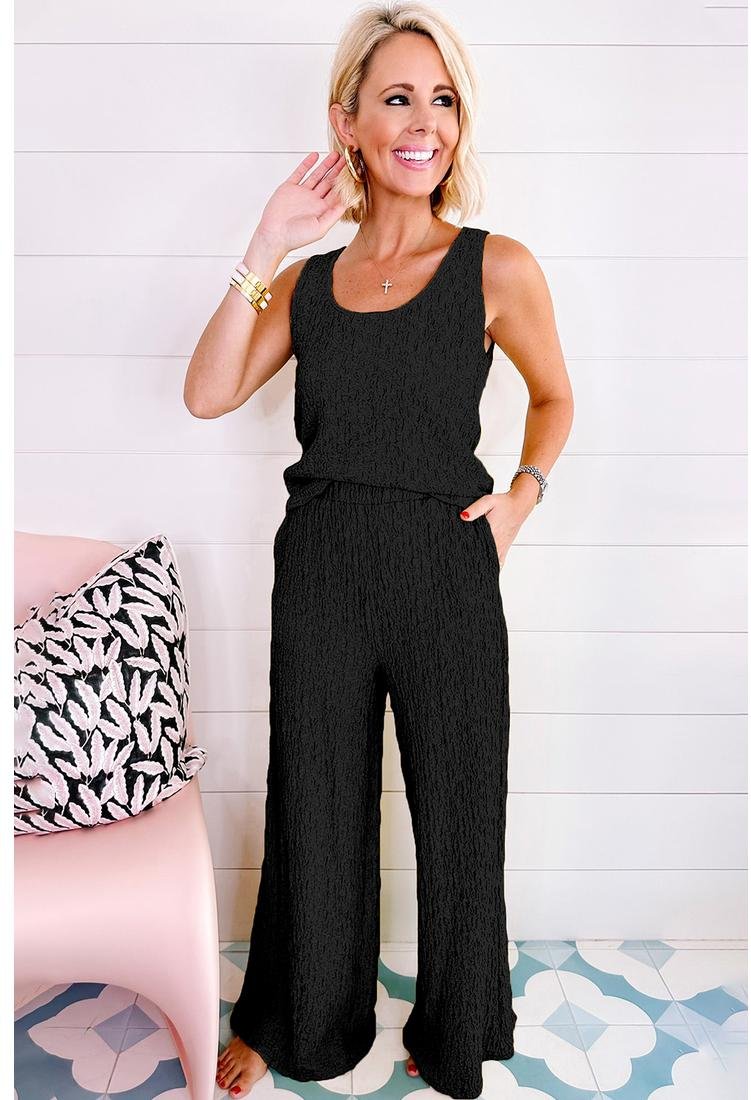 Thumbnail - Schwarzes geknittertes U-Ausschnitt Tanktop- und weite Hosen-Set