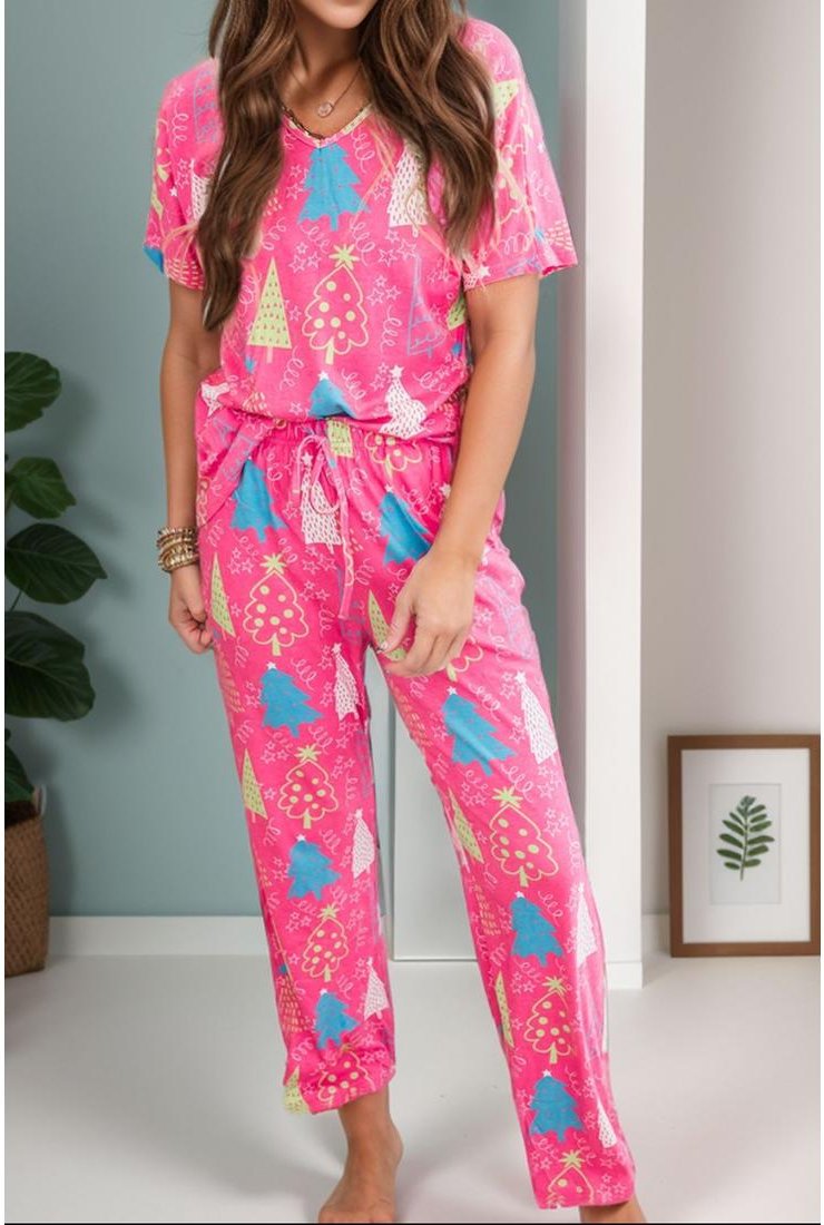 Damen Bedrucktes V-Ausschnitt Kurzarmoberteil und Hose Lounge-Set