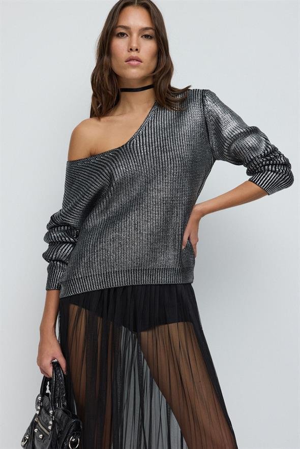 V-Ausschnitt Folien-Print Strickpullover