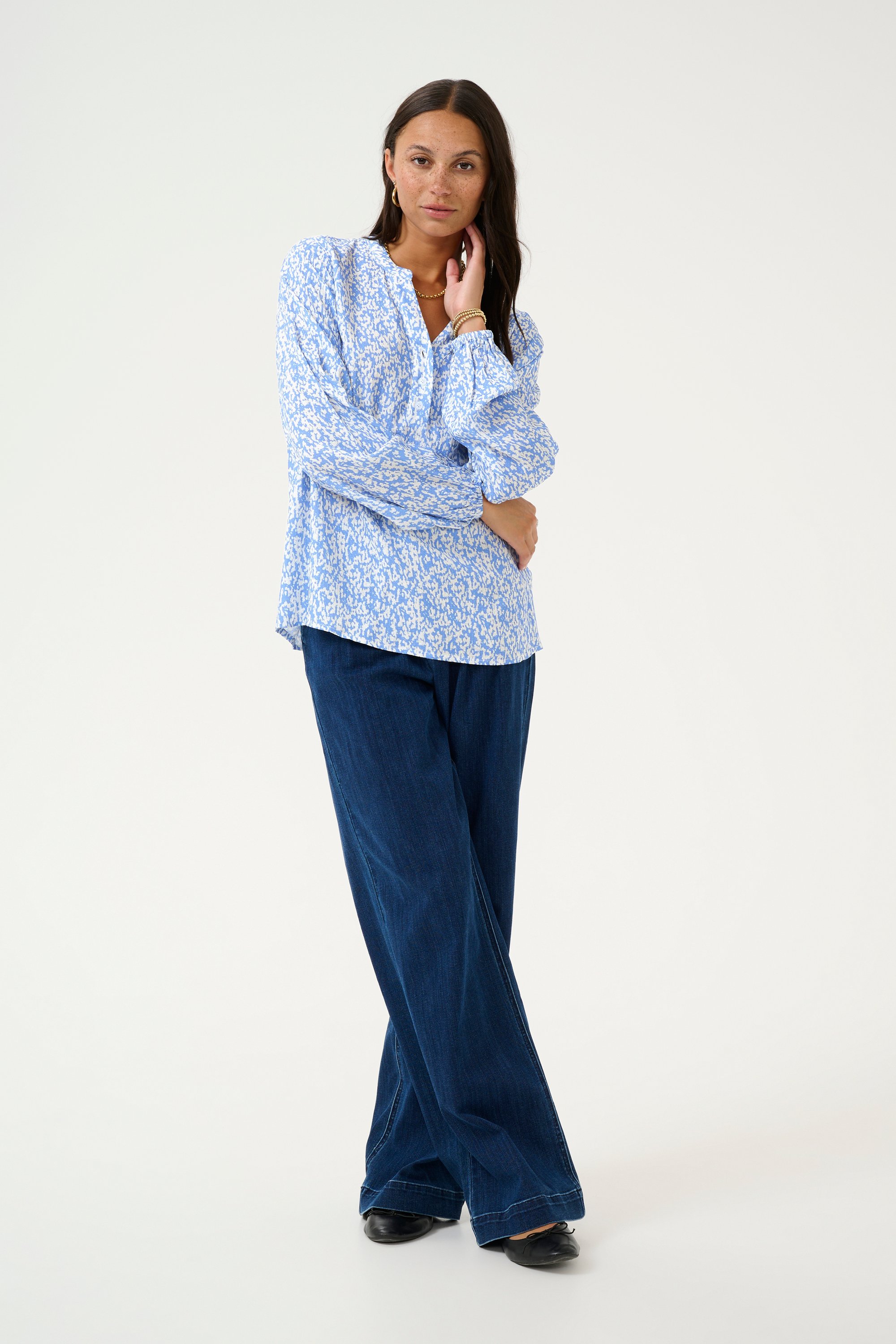 Langarm-Bluse Loose fit Blue/Chalk Graphic Print blue white