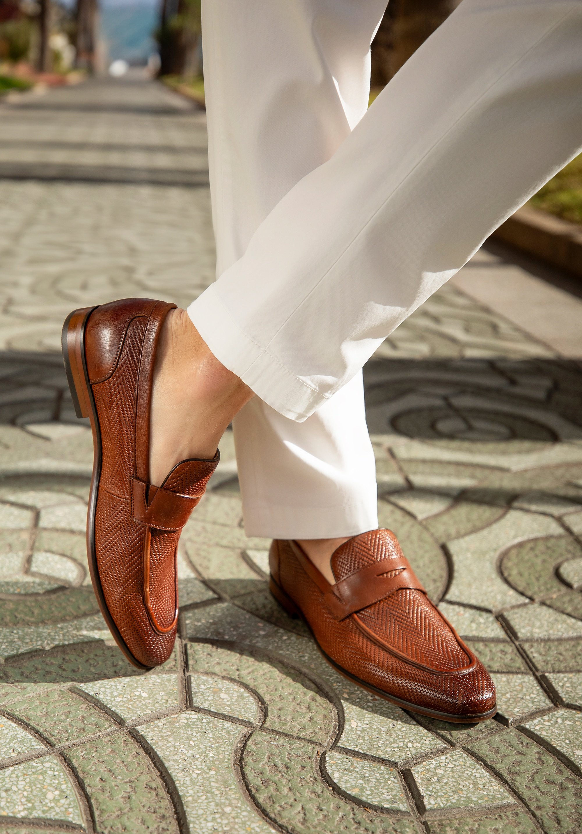 Wittchen Herren-Ledermokassins mit Fischgrätmuster, Hellbraun, Naturleder