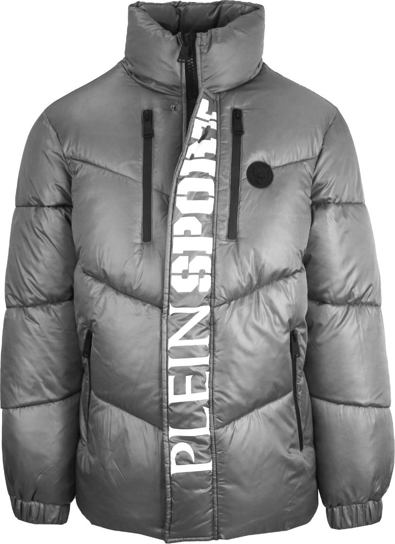 Plein Sport Bold Vertical Logo Glanzend gepolsterte graue Jacke