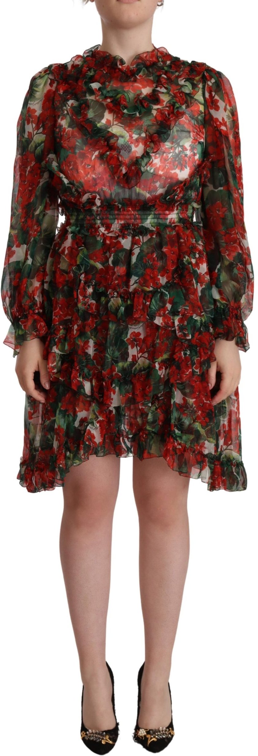 Dolce & Gabbana Damen Multicolor Rotes Blüten-Seiden-Langes Maxi-Kleid