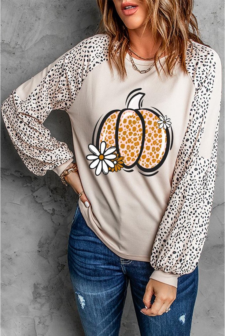Thumbnail - Khaki Leopard Raglan Langarm Floral Kürbis Grafikshirt