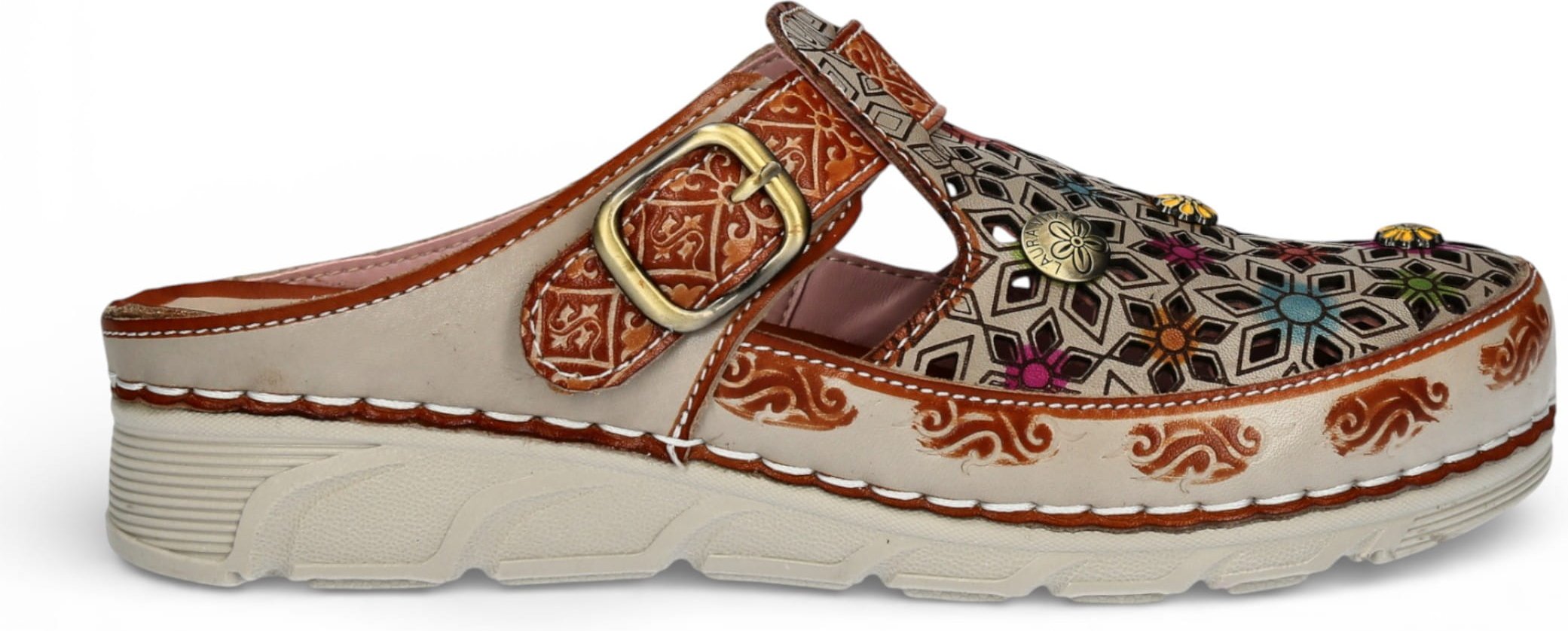 Laura Vita Damen-Sandalen Dorry 01 mit floralem Muster, beigefarbenem Leder und Keilabsatz