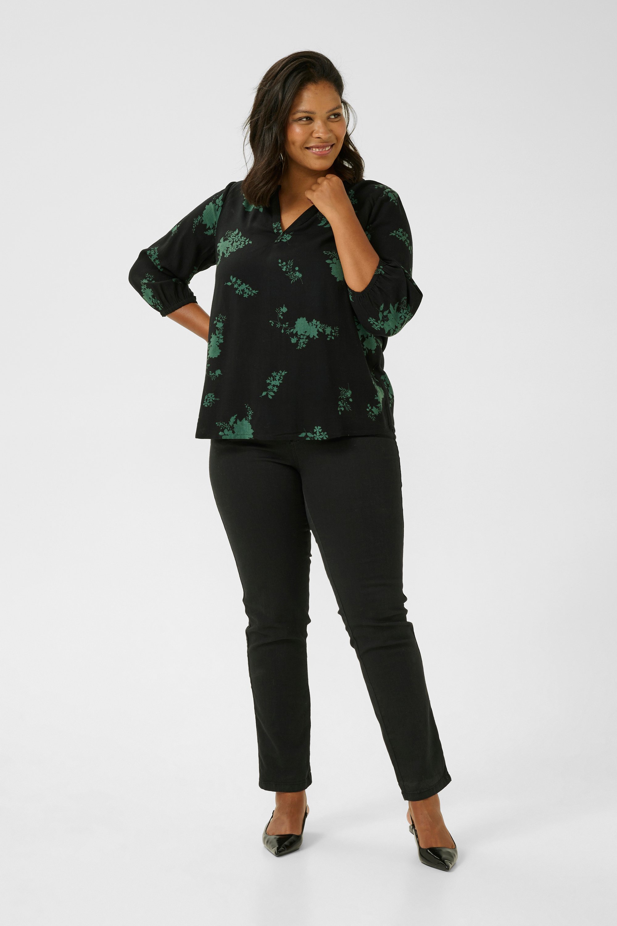 Thumbnail - Langarm-Bluse Regular fit Black/Green Flower black green