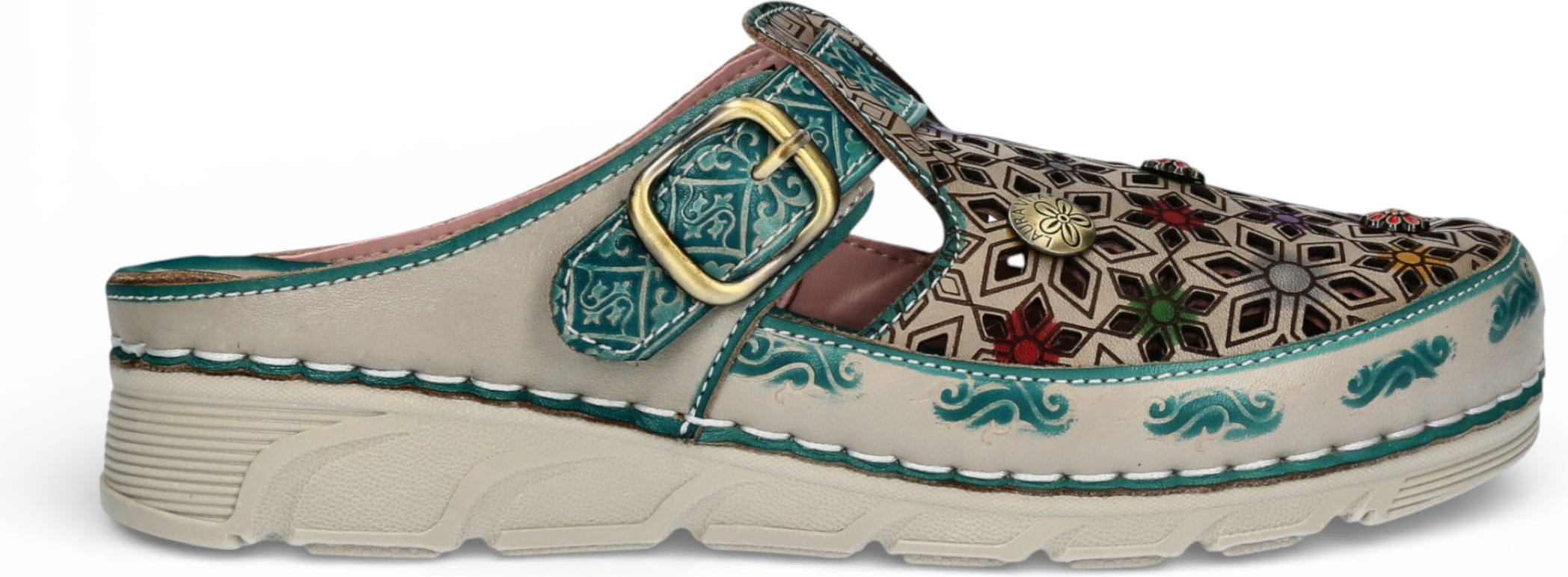 Laura Vita Damen-Sandalen Dorry 01 mit floralem Muster und Keilabsatz aus blauem Leder