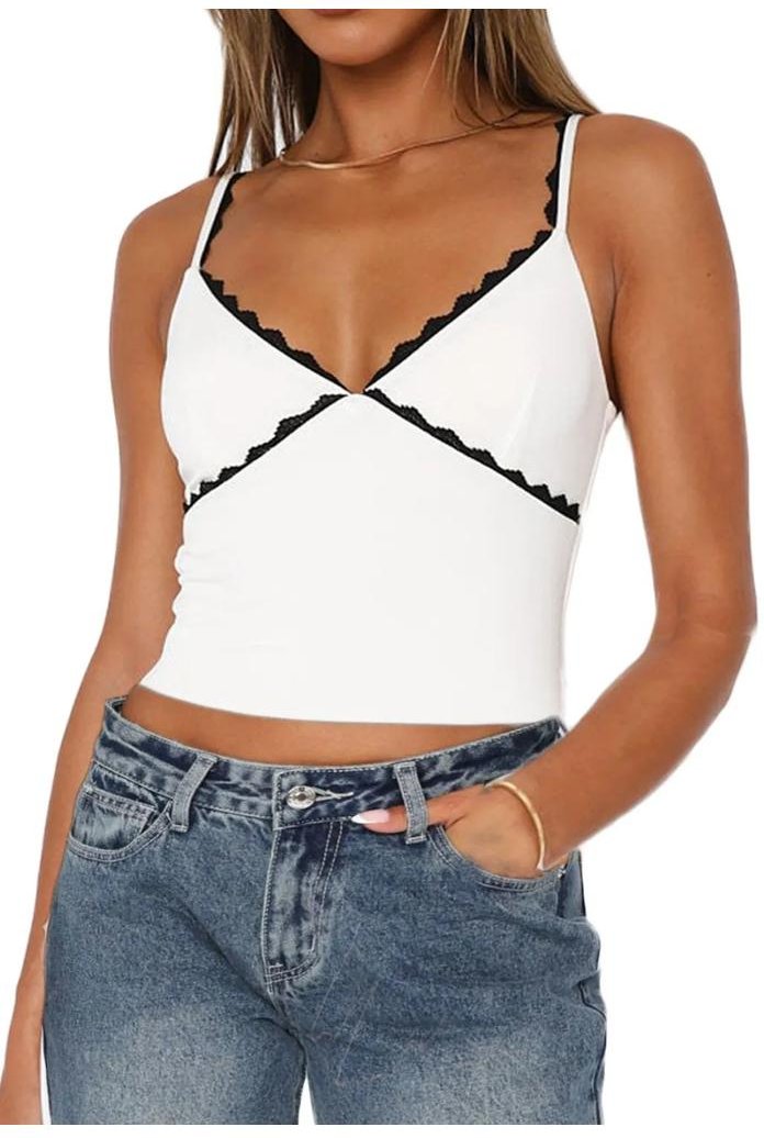 Damen Spitzen-Detail Kontrastbesatz Cami