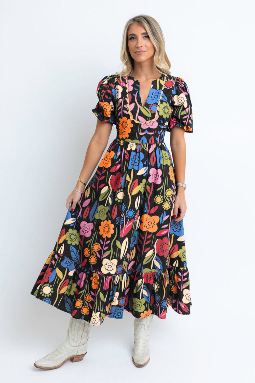 Blumenmuster Puffärmel Midi-Kleid