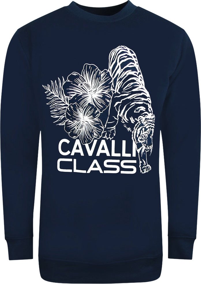 Cavalli Class grosses marineblaues Sweatshirt mit Blumen-Tiger-Design