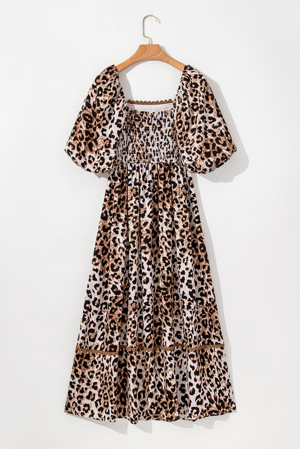 Thumbnail - Braunes Leopardenmuster Maxi-Kleid mit Puffärmeln und quadratischem Ausschnitt