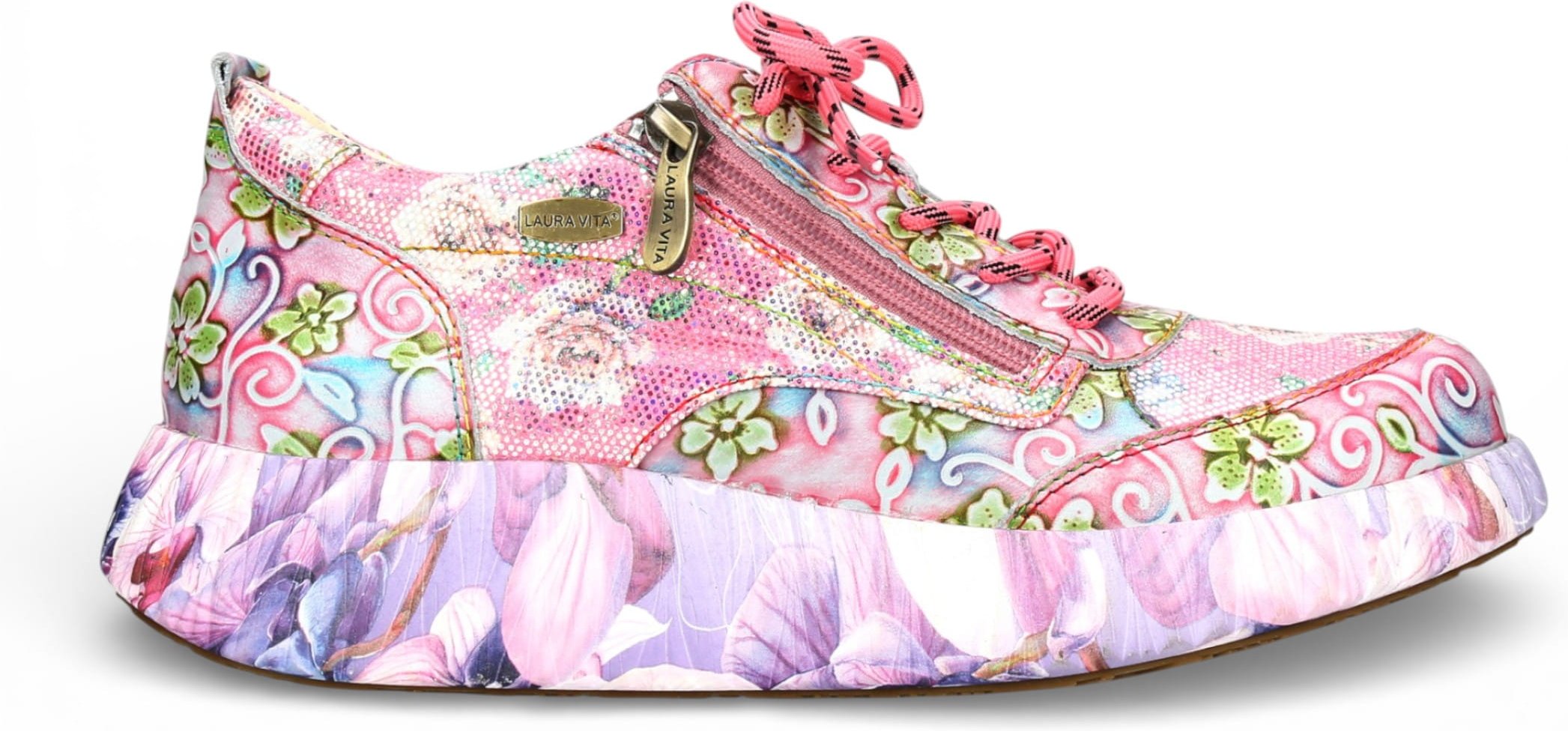 Laura Vita Damen-Sneaker Nikito 62, rosafarben, mit Blumenmuster, aus Leder, Plateau