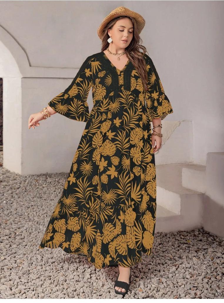 Thumbnail - Damen Plus-Size Maxikleid mit Spitzen-Detail und tropischem Print, 3/4-Ärmel