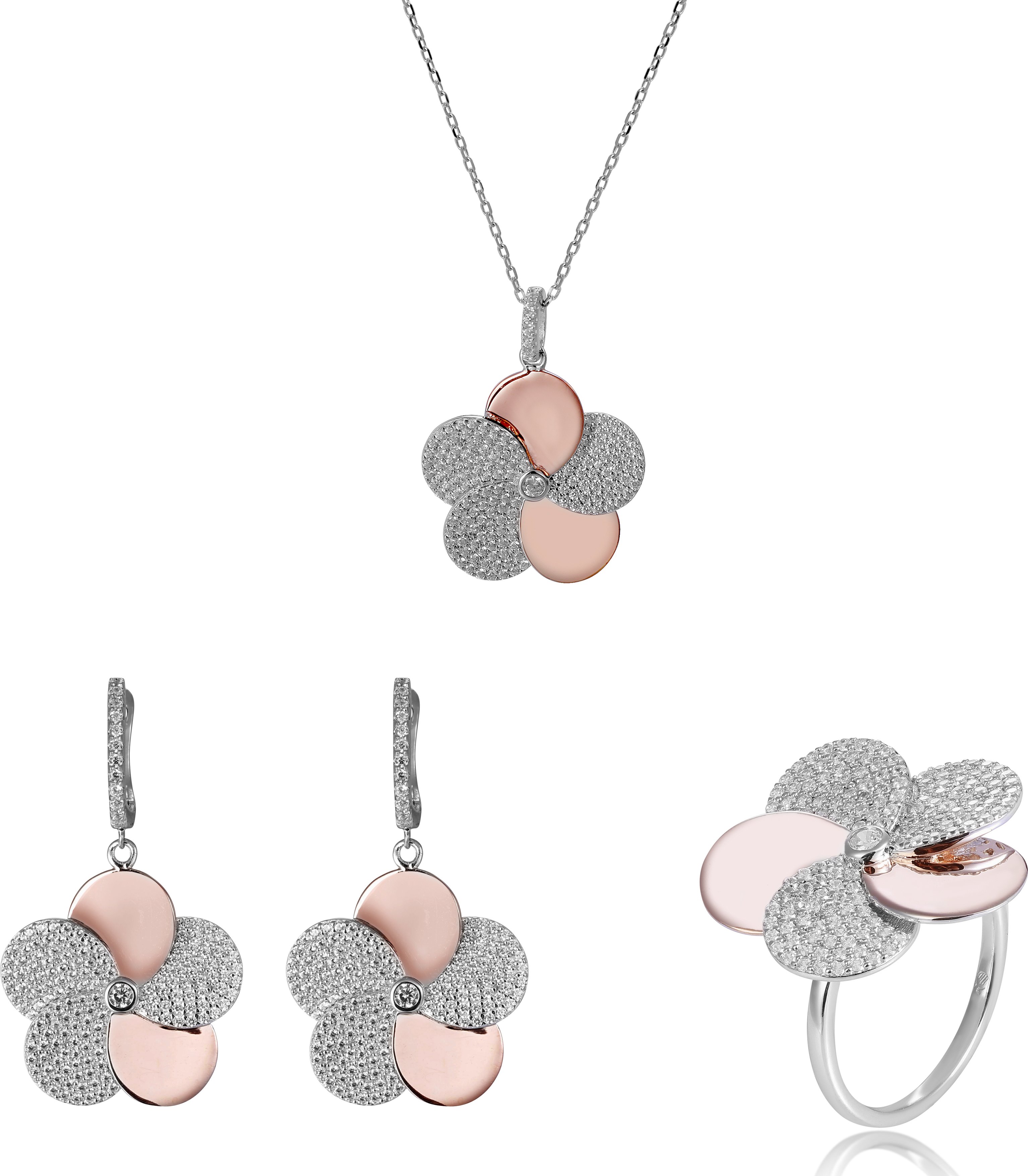 Orphelia 'Fioni' Damen-Set aus 925er Sterlingsilber: Halskette + Ohrringe + Ring – Silber/Rosé SET-7452