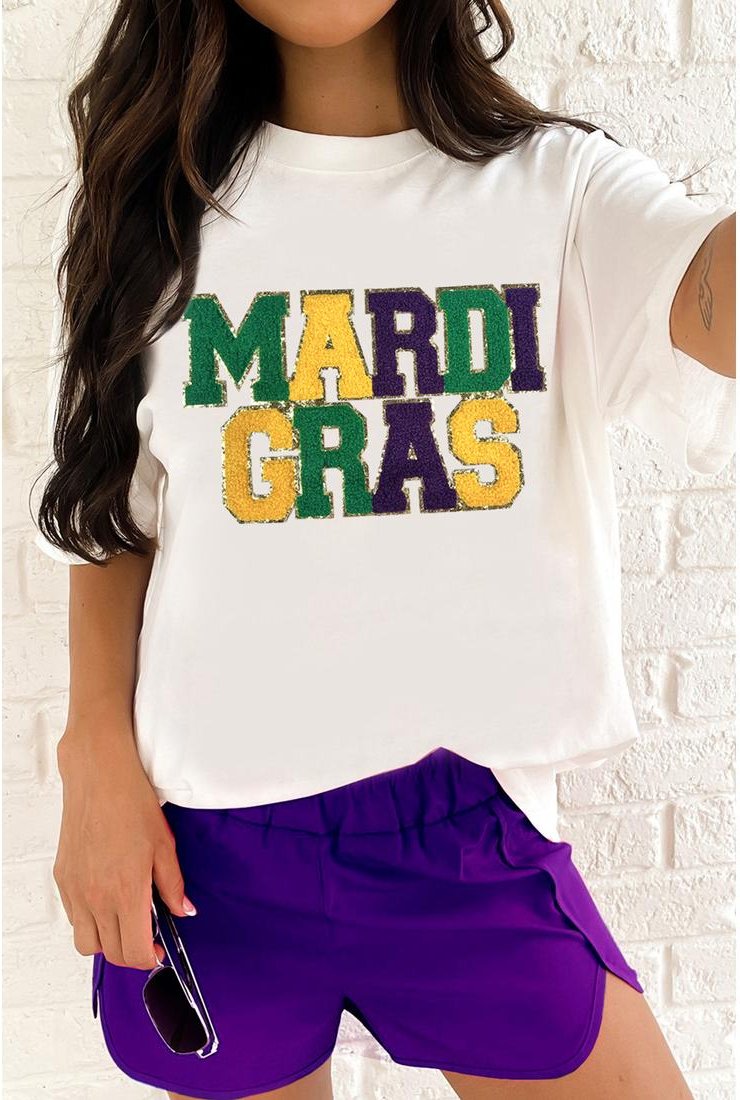 Thumbnail - Weißes Chenille MARDI GRAS Patch Grafik T-Shirt