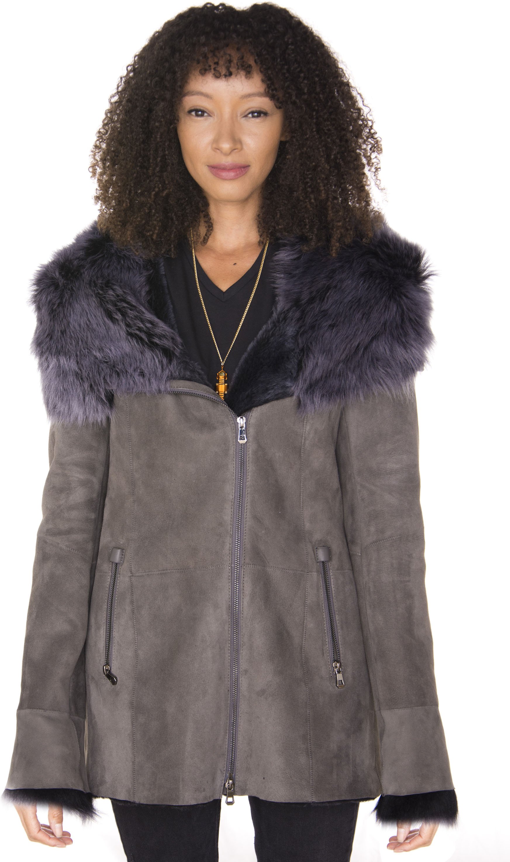 Damen-Mantel aus grauem Wildleder mit Kapuze aus Merino-Schaffell – Monrovia
