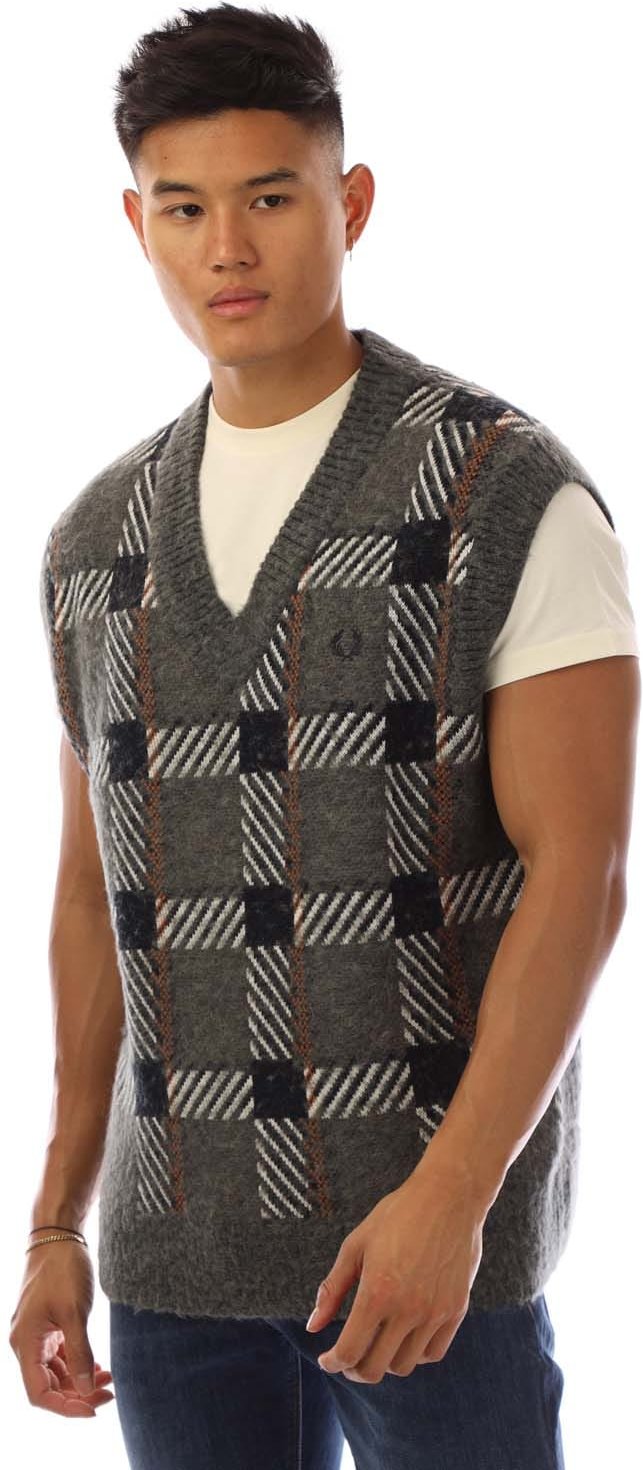 Herren Fred Perry Glitch Tartanmuster Strick-Top in Grau