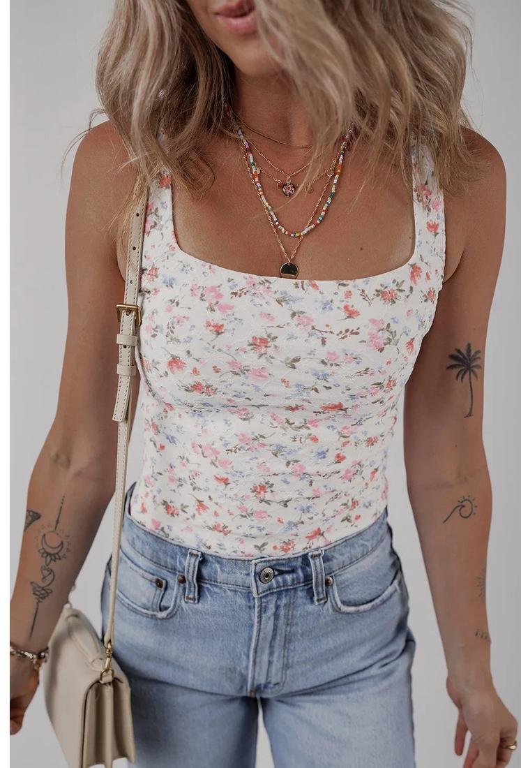 Thumbnail - Floral strukturierter armelloser Bodysuit mit quadratischem Ausschnitt