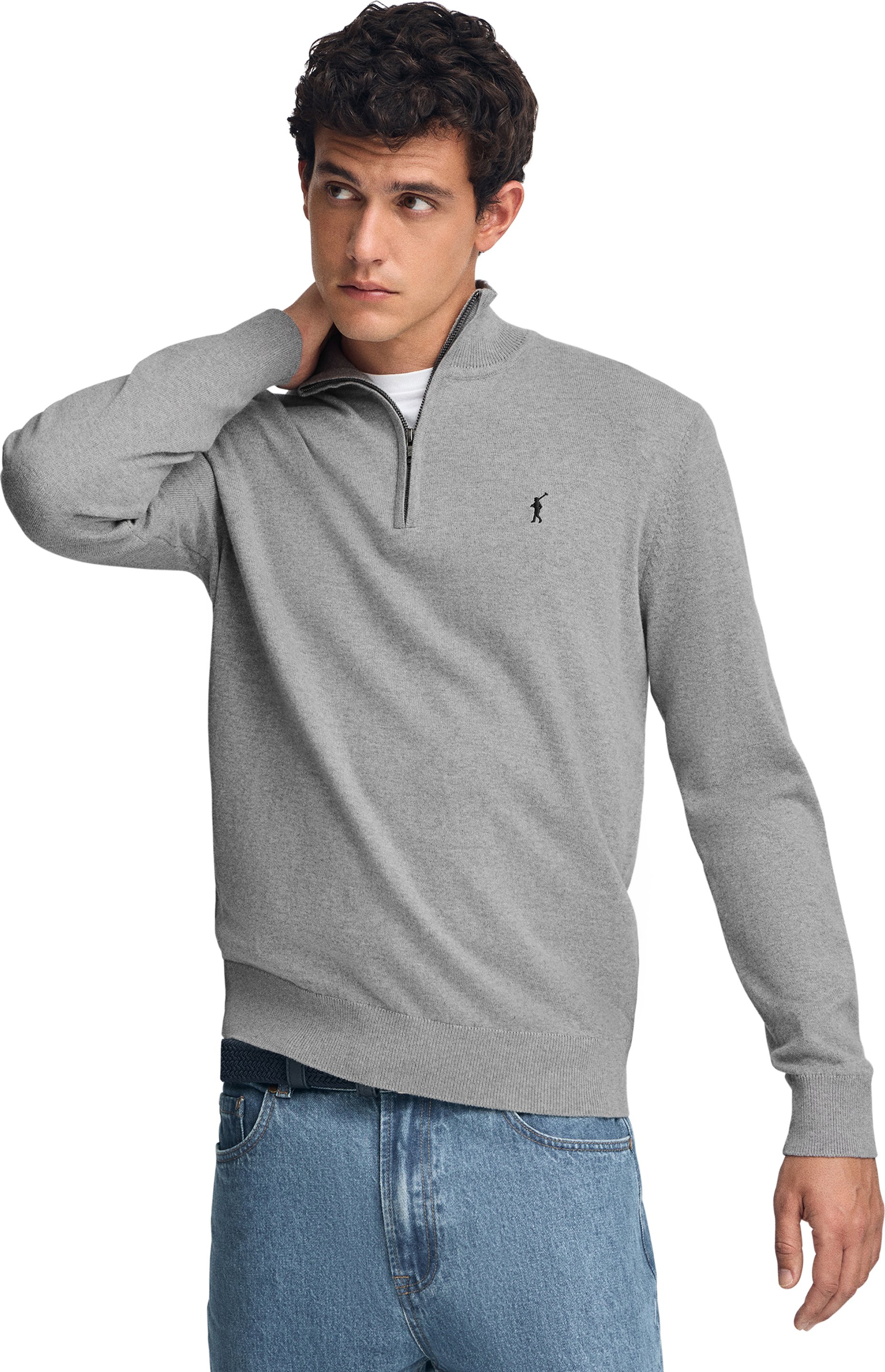 Pullover grau meliert aus Wollgemisch mit halbem Reißverschluss und gesticktem Rigby Go-Logo