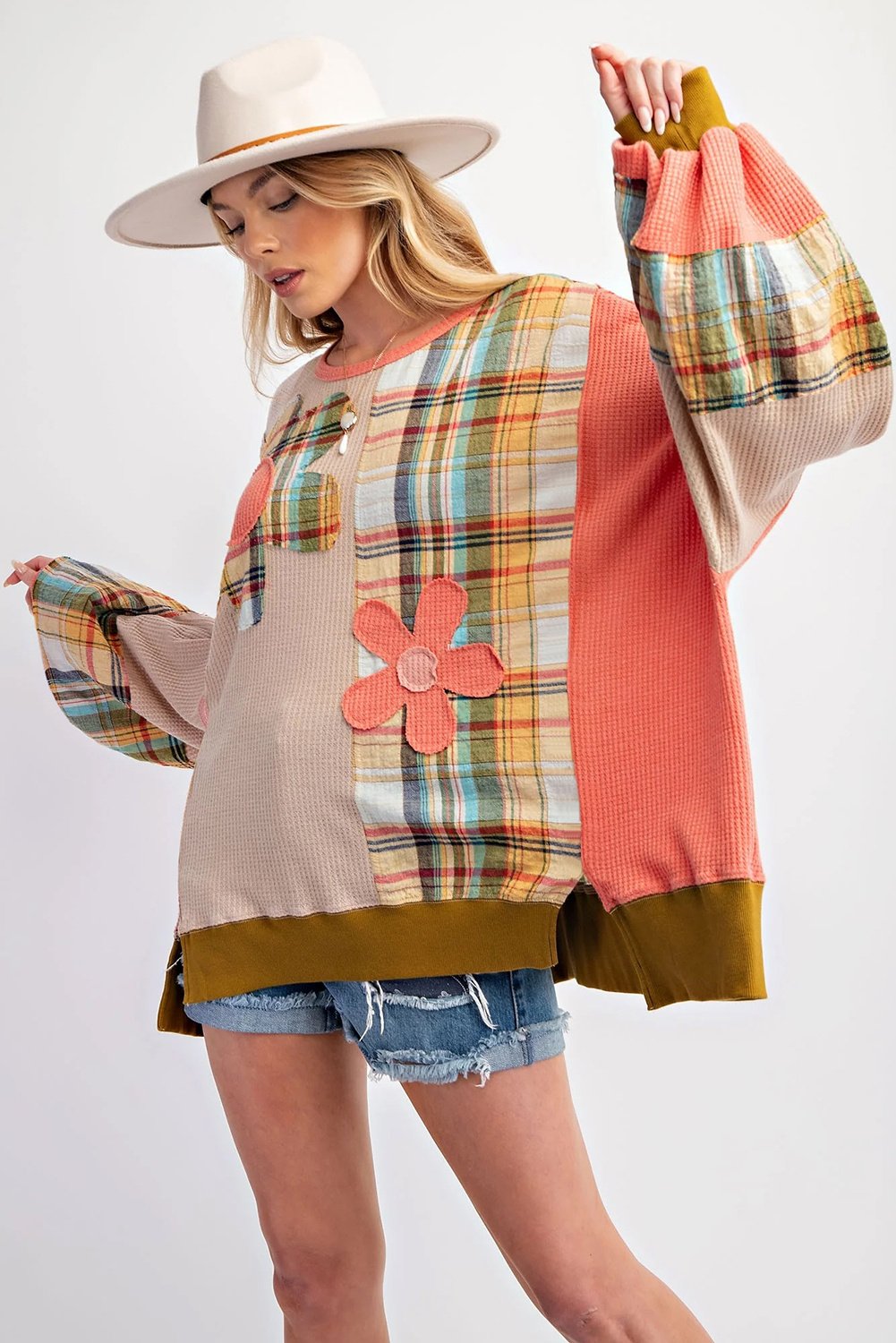 Patchwork Karo Waffelstrick-Pullover