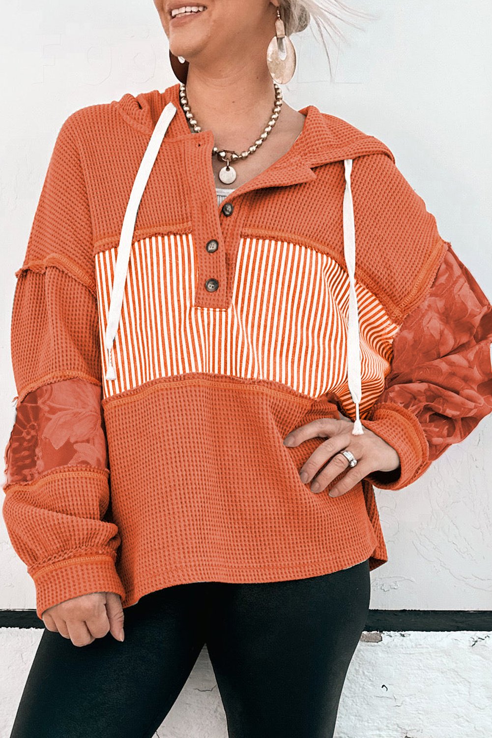 Waffelstrick Oberteil mit gestreiften Ärmeln