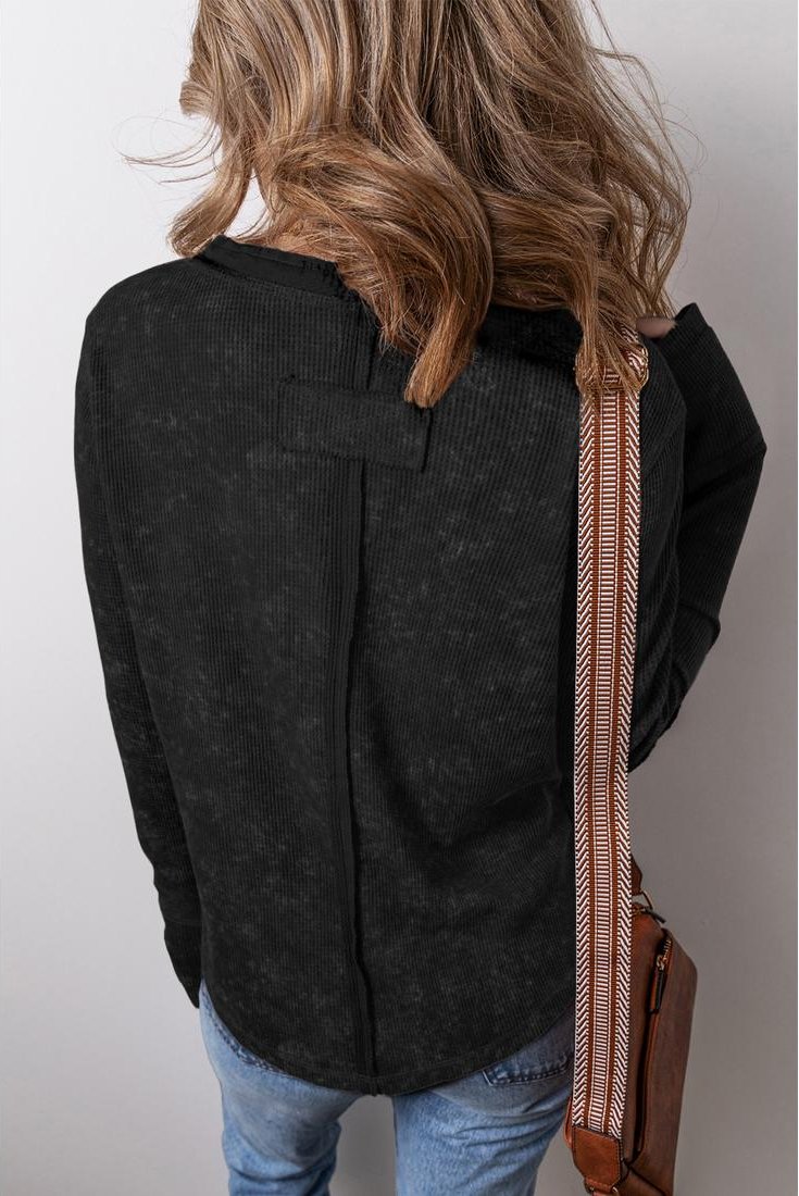 Thumbnail - Azura Exchange Damen Waffelstrick V-Ausschnitt Langarm Button-Down-Oberteil