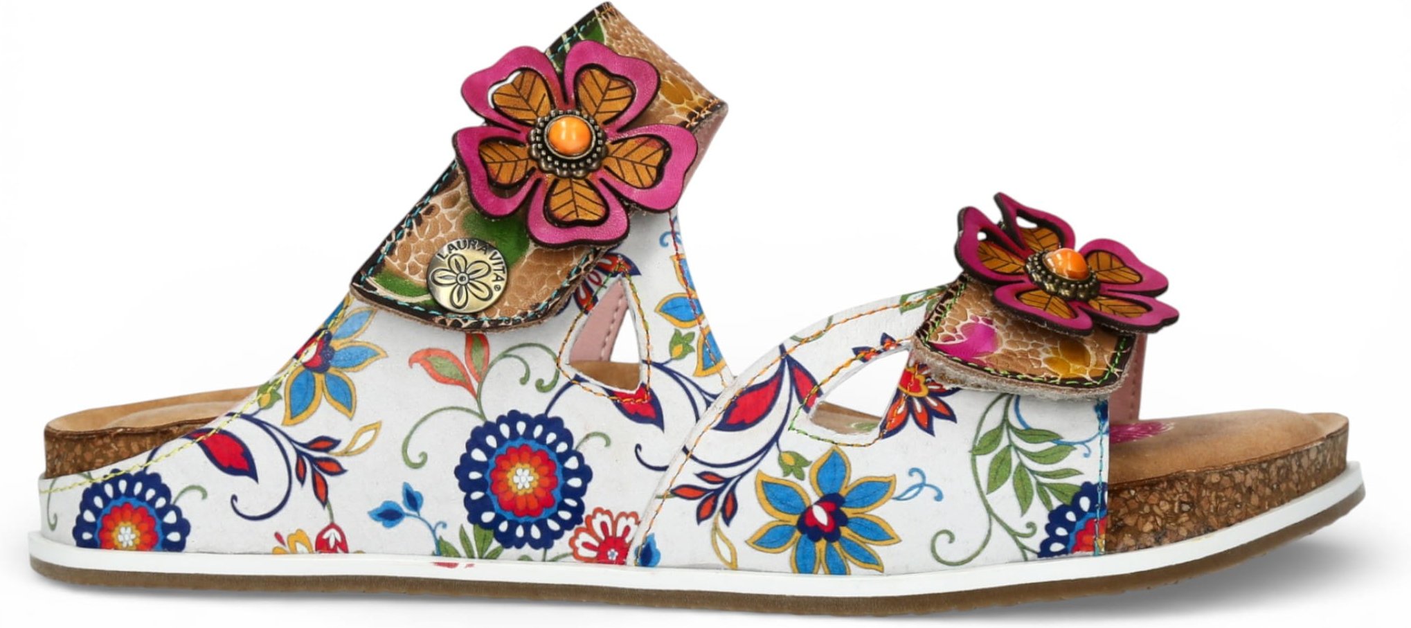 Laura Vita Damen-Sandalen Brcyano 32, weiß, mit Blumenmuster, aus Leder, Riemchen