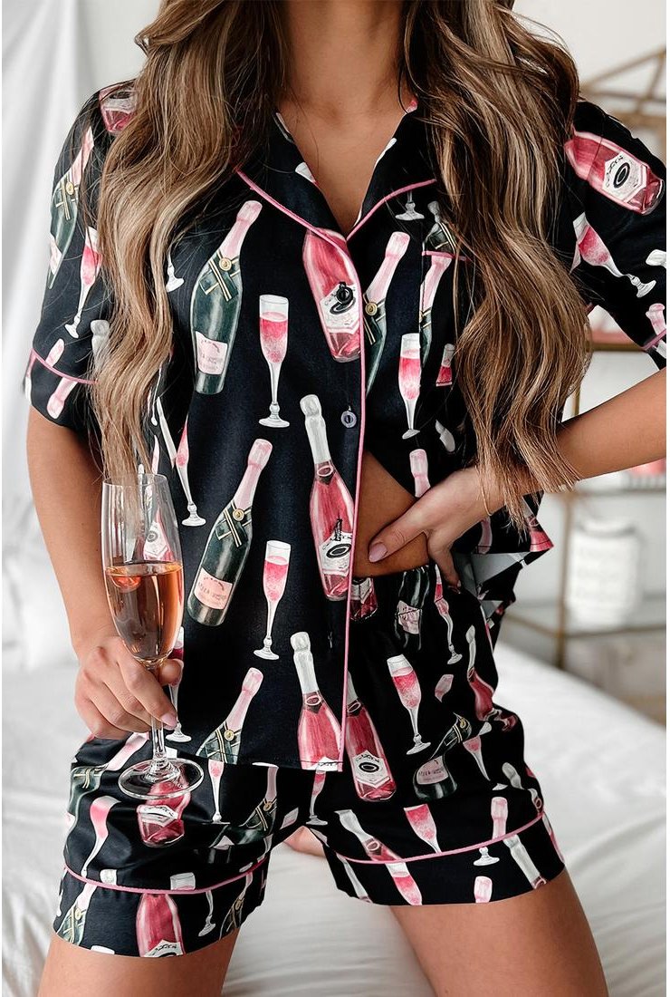 Thumbnail - Schwarzes Champagnerdruck Seidenset mit kurzen Ärmeln für Pyjamas