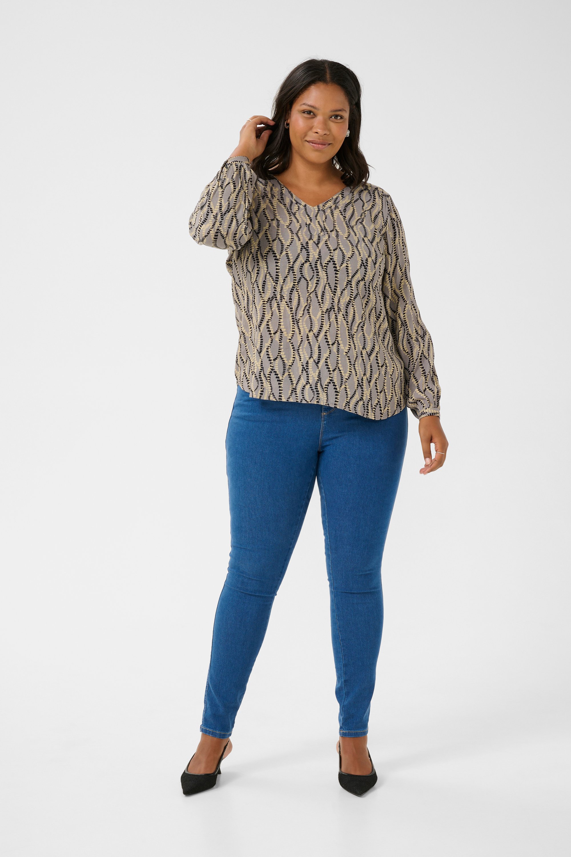 Thumbnail - Langarm-Bluse Regular fit Grey/Black Graphic Simili grey