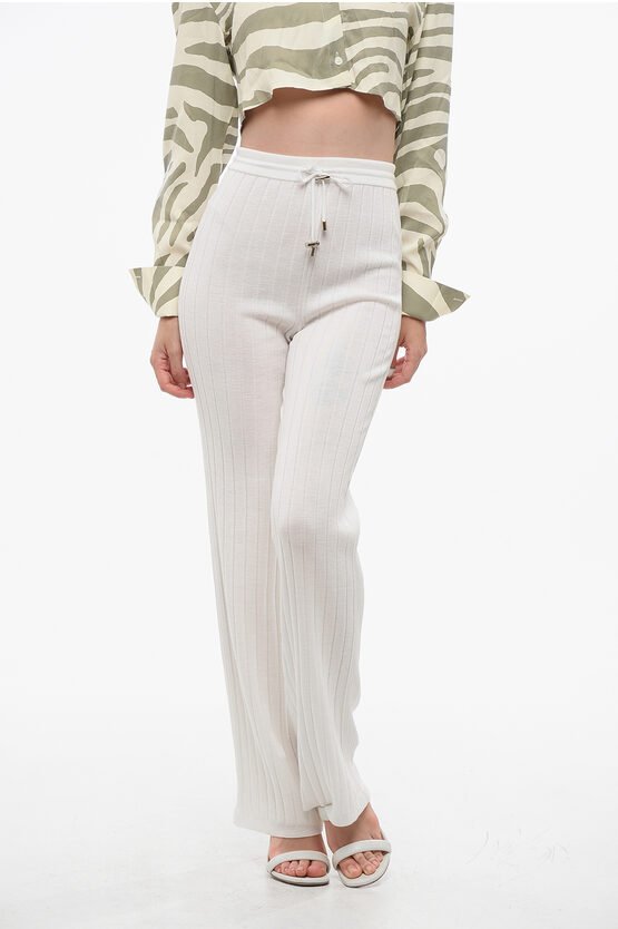 Hoch taillierte gerippte Schurwollhose in Weiß