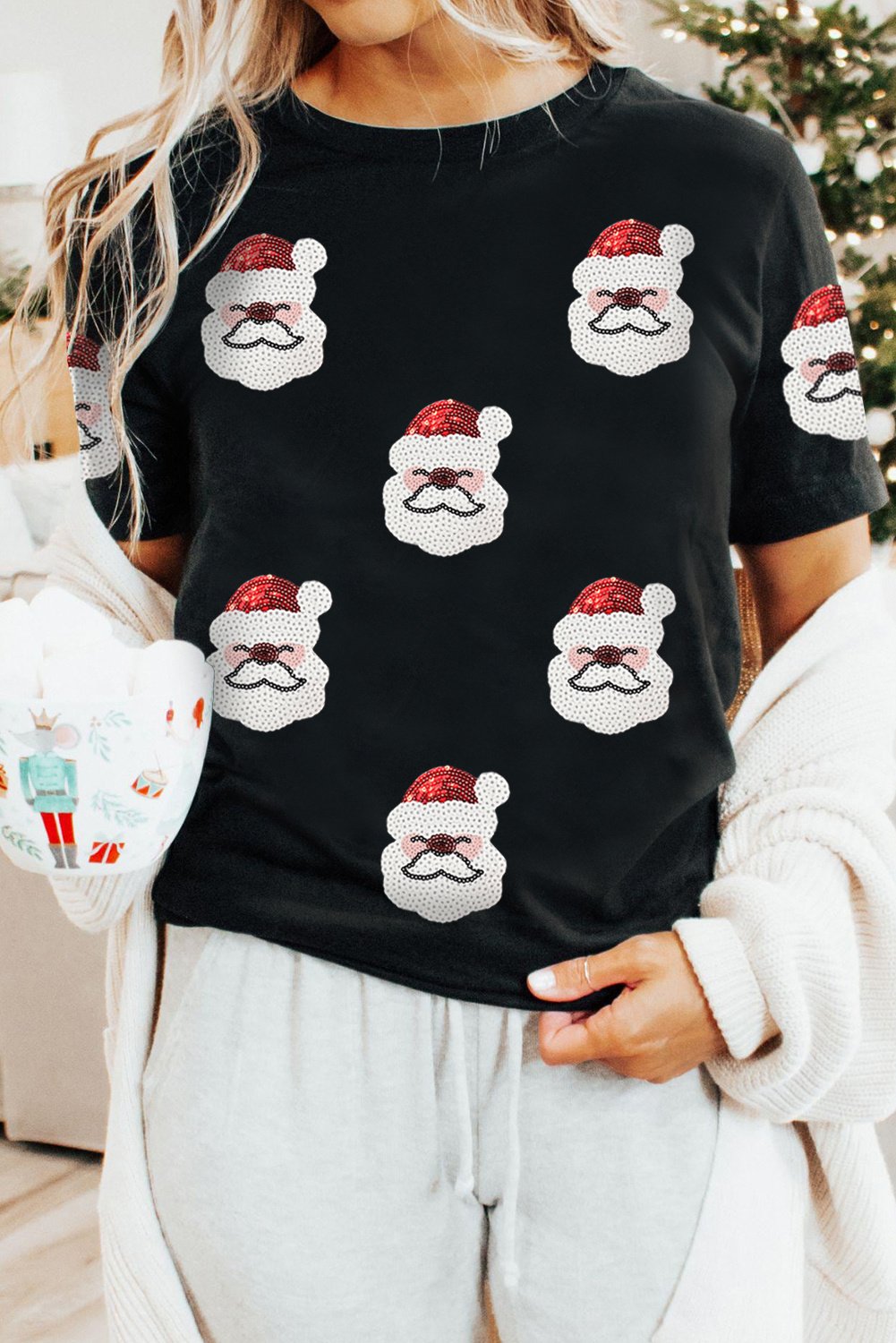 Schwarzes Vater Weihnachtsmann Pailletten Grafik T-Shirt