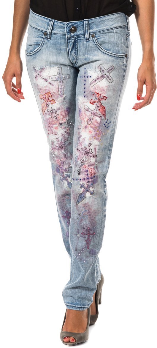 Lange Denim-Hose mit Rippeneffekt und schmalen Säumen F054176 woman