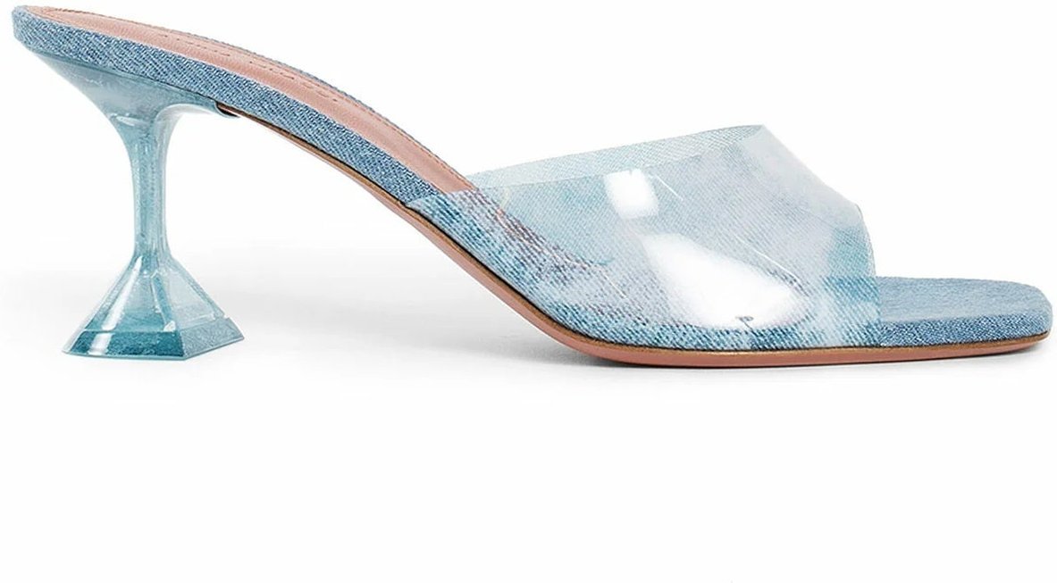 Amina Muaddi Lupita Glas-PVC-Denim-Pantoletten