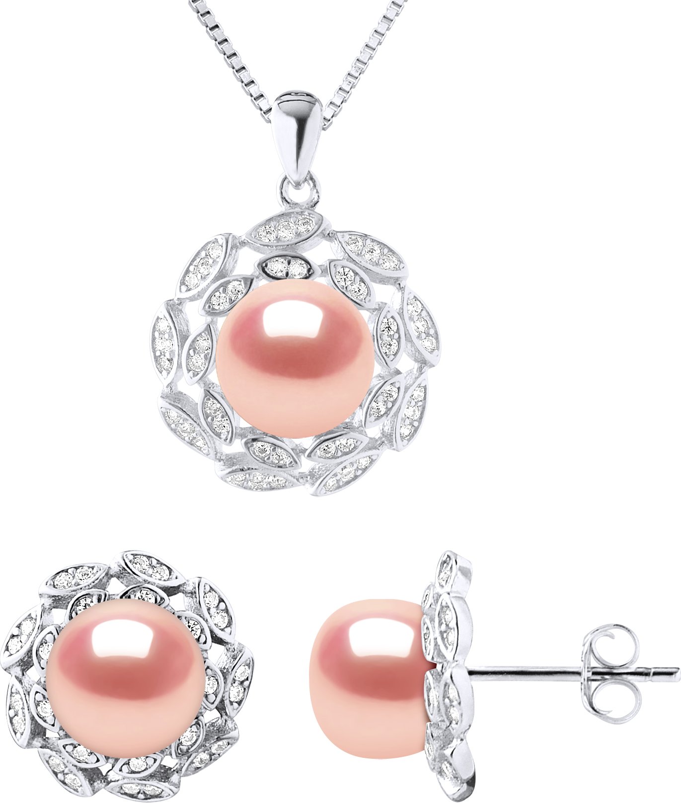 Schmuck Halskette & Ohrringe FLOWER Süßwasserperle 9-10 mm Natural Rose 925