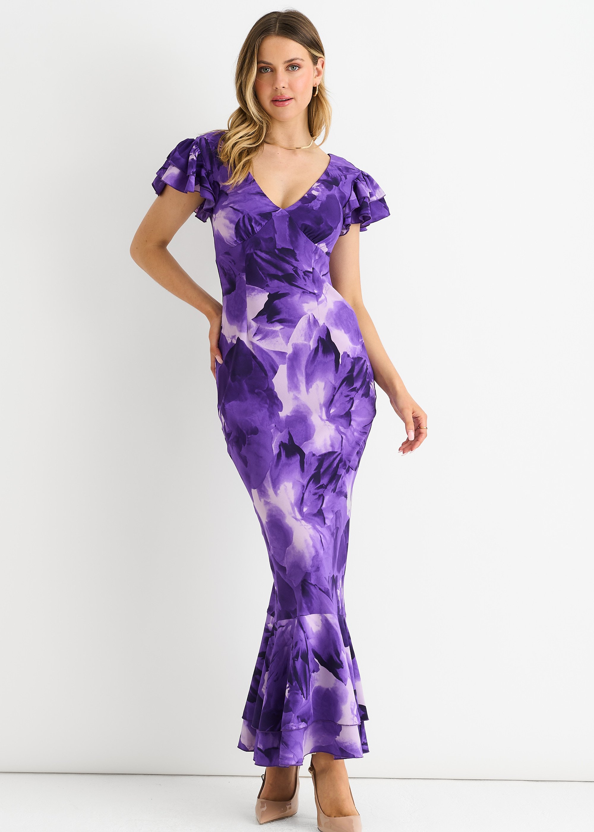 Lila Aquarell Floral Maxikleid