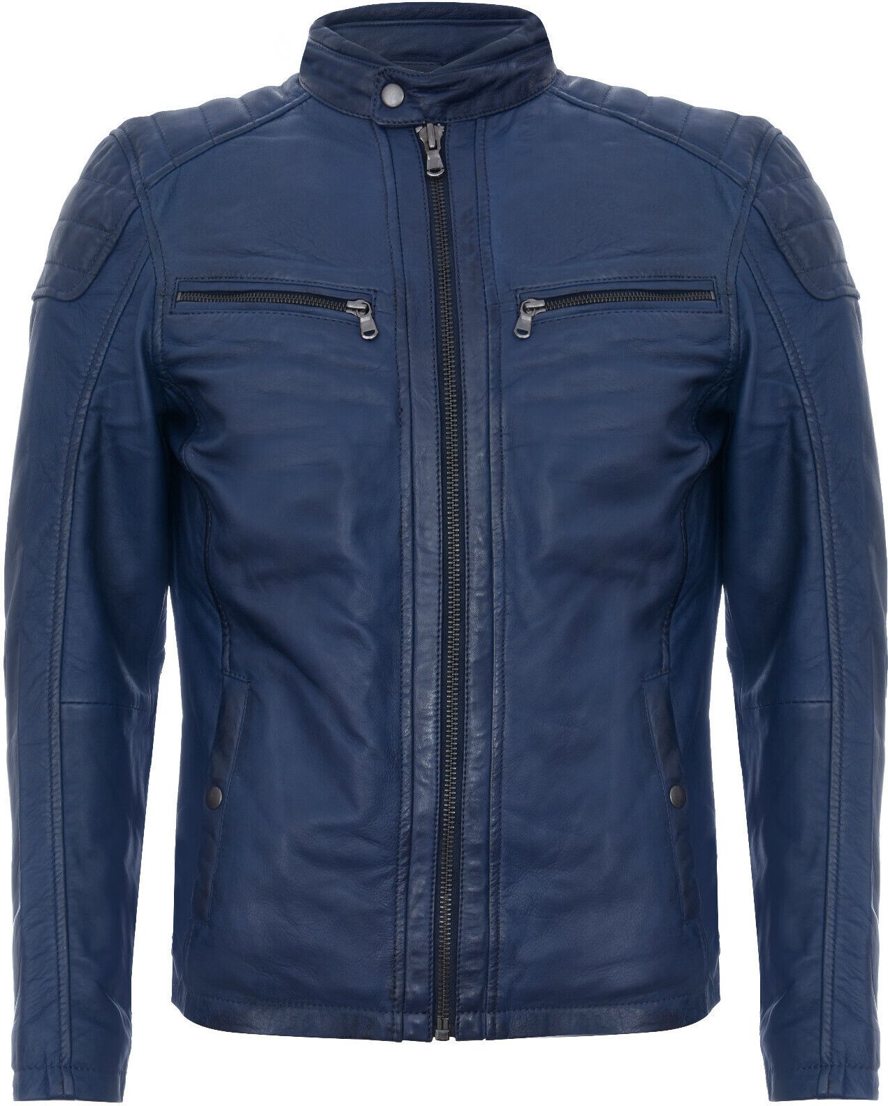 Vintage-gesteppte Racing-Bikerjacke aus marineblauem Leder mit Reißverschluss