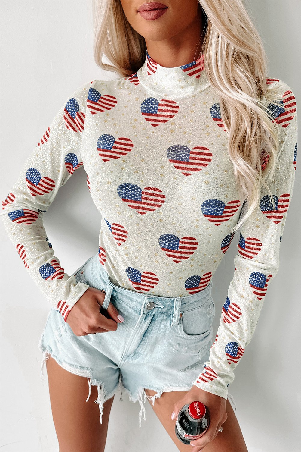 Thumbnail - Weißer Americana Glitzer Netz Langarm-Body