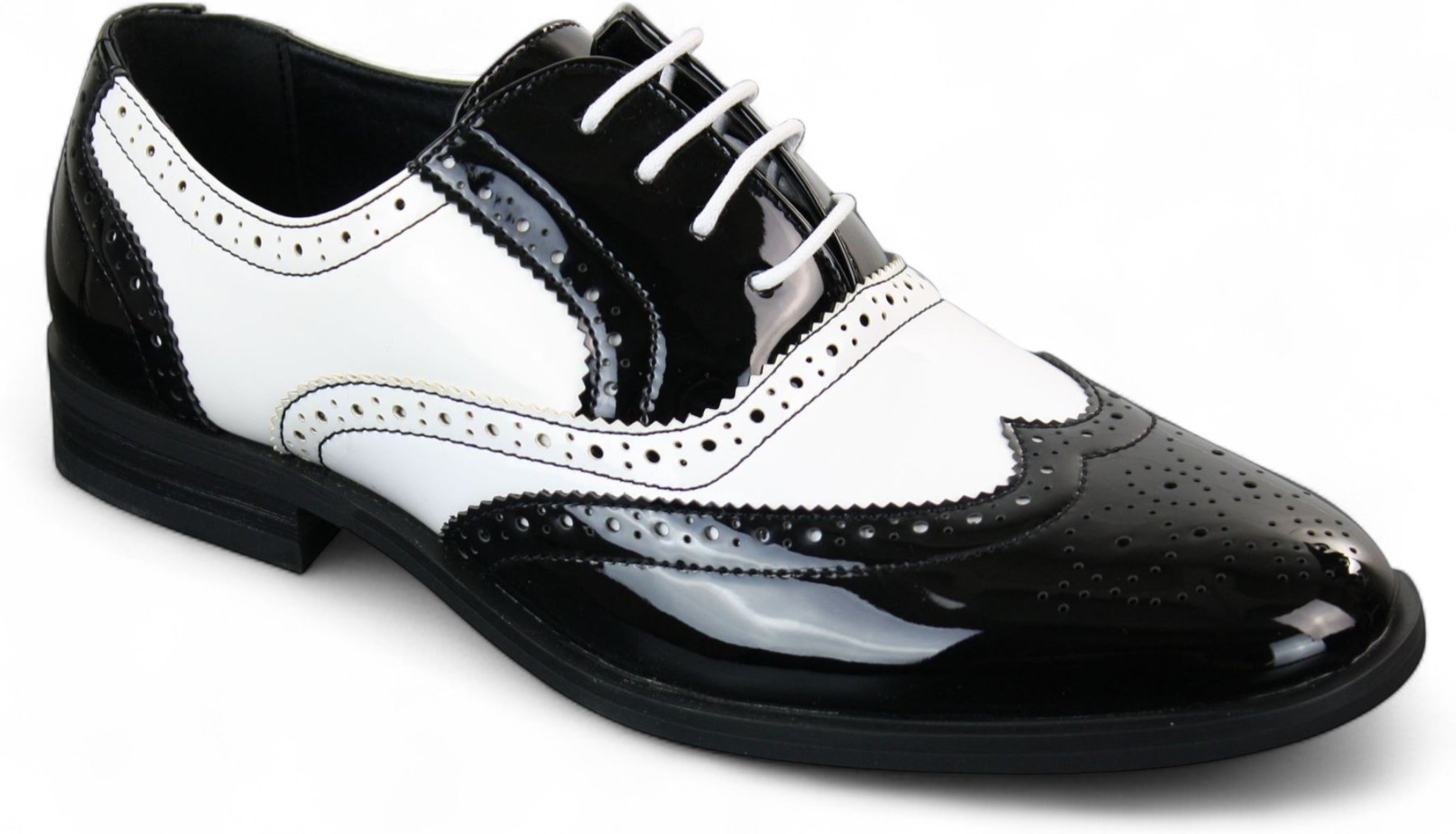Herren Lack Schnürschuhe Schwarz Weiß Brogues Elegante Abendschuhe