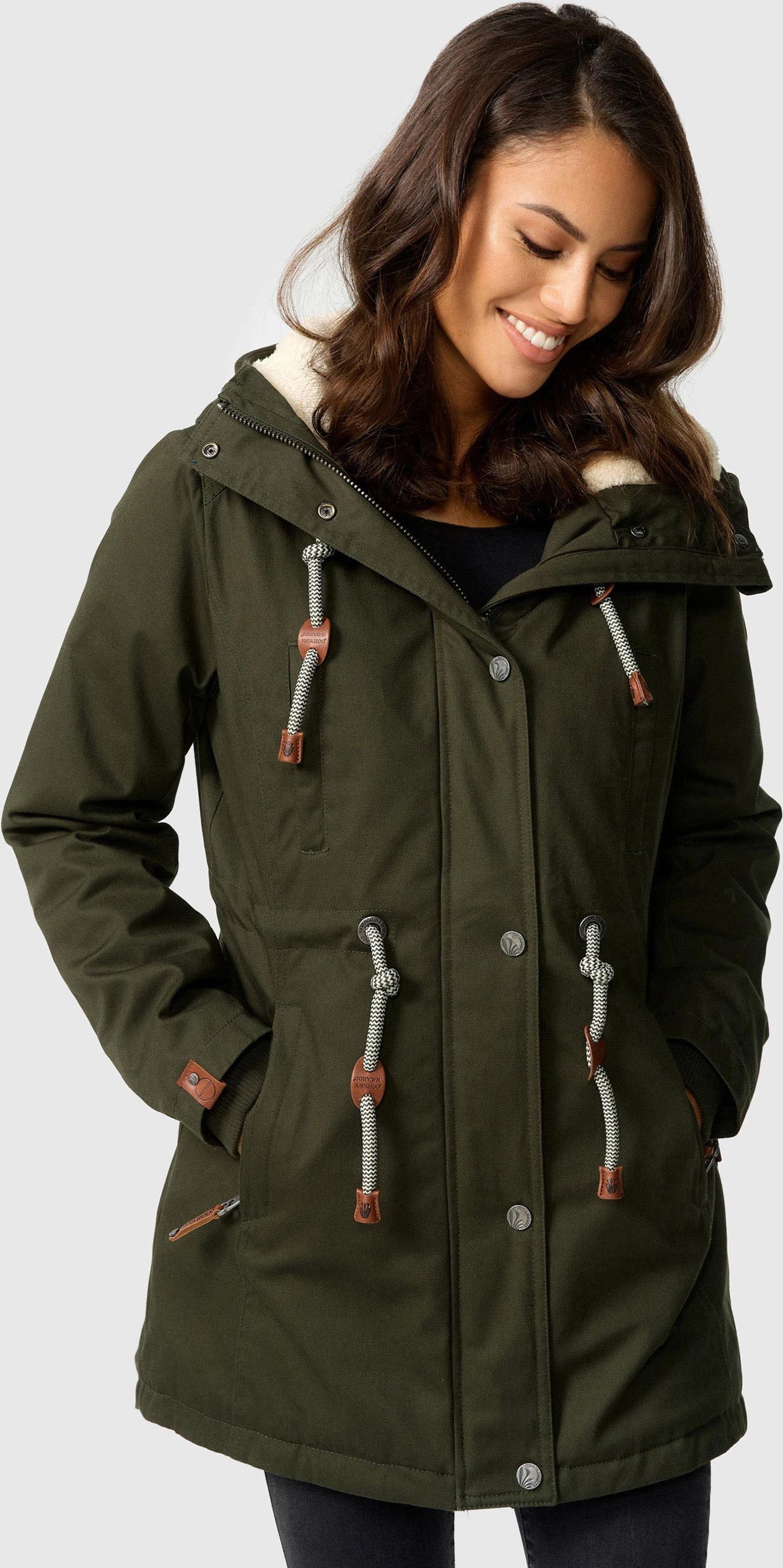 Navahoo Ireliaa Damen Parka – Windabweisende Winterjacke mit Teddyfell & Kapuze - Olive