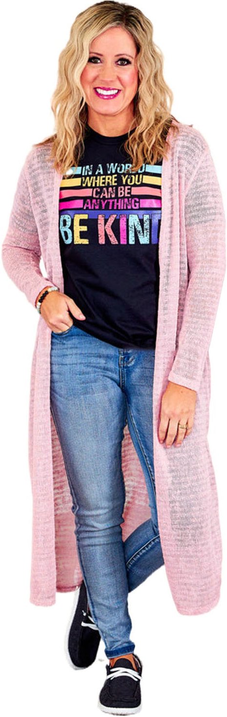 Rosa Transparenter Gestrickter Langer Cardigan mit Seitenschlitzen in Übergrößen