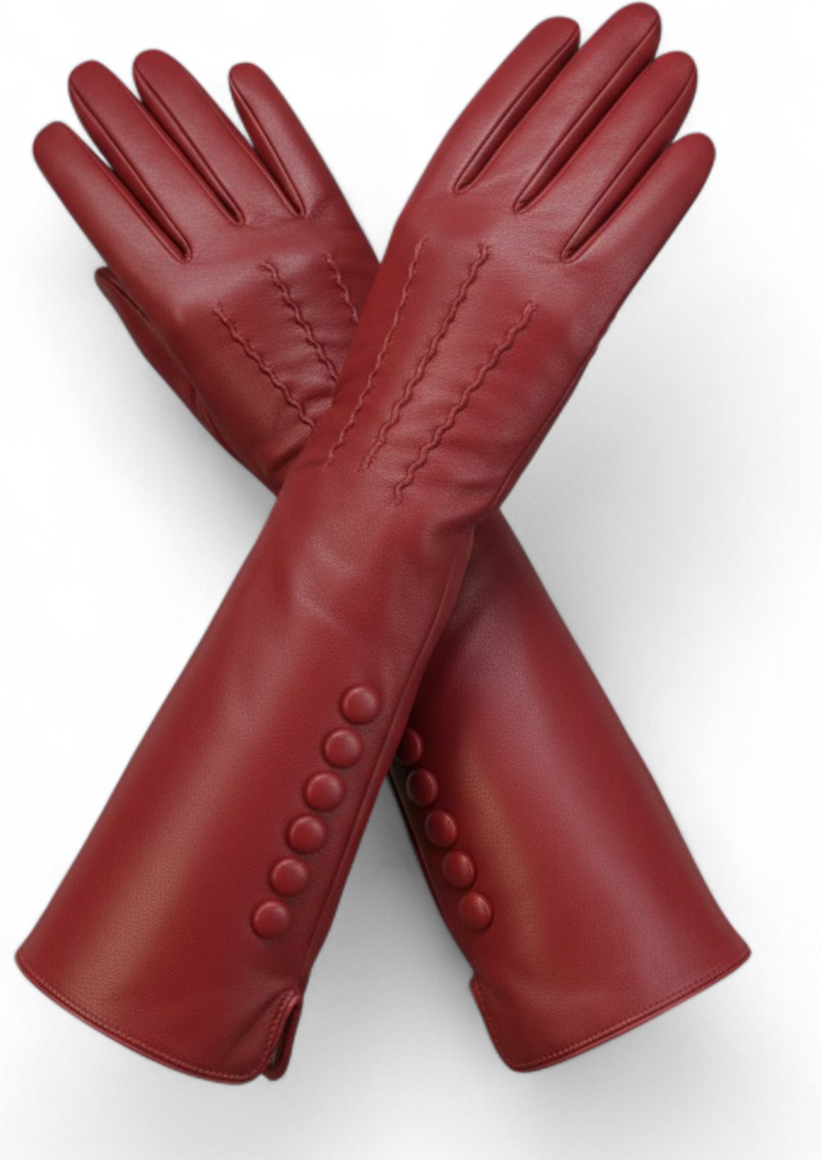 Lange rote Damen-Fahrhandschuhe aus italienischem Leder mit weichem Wollfutter und Knopfleiste für den Winter