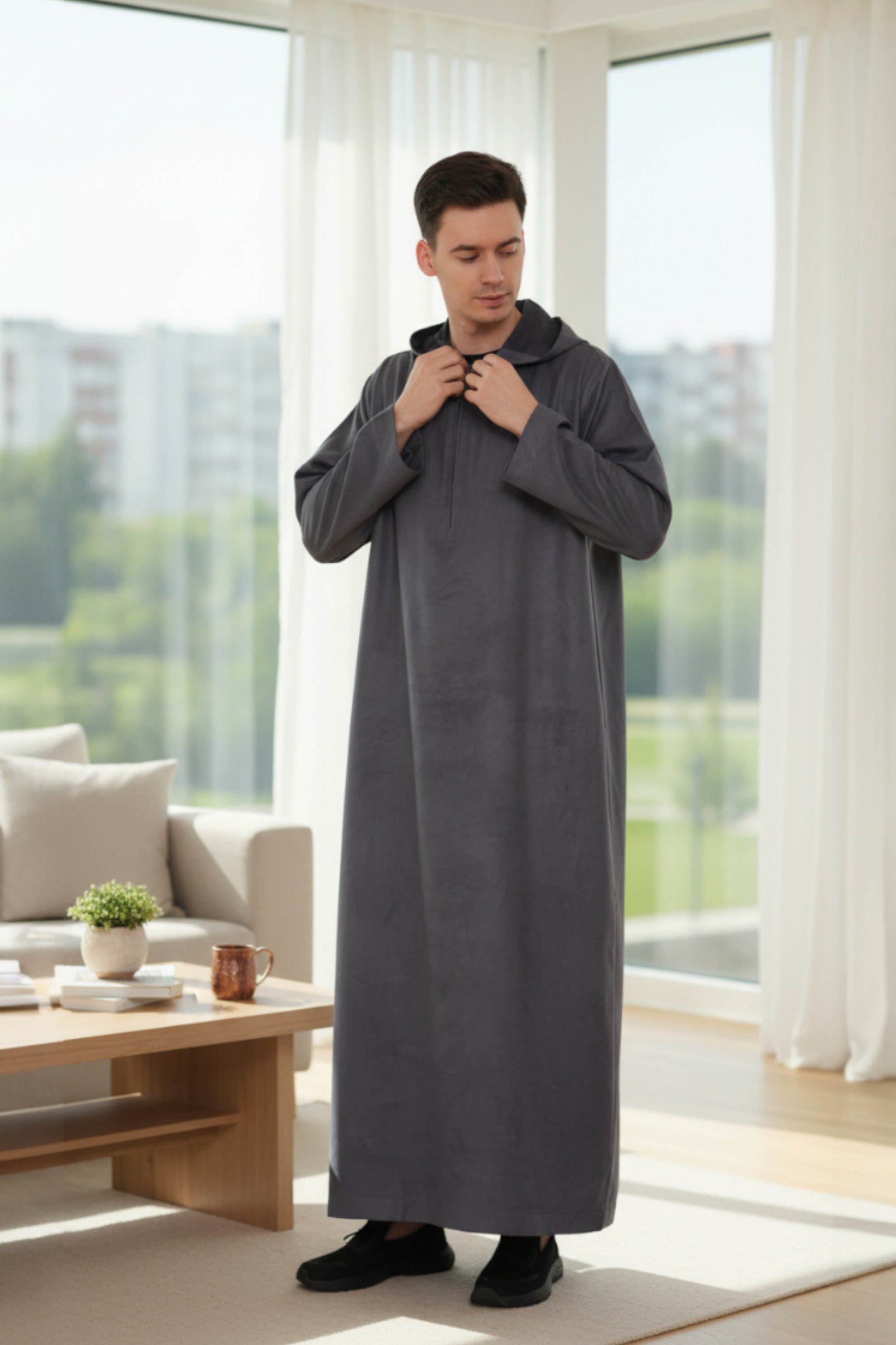 Graue Kapuzen-Eid-Marokkanische Jubba-Robe für Herren Ramadan Eid Thobe LFS - HM12