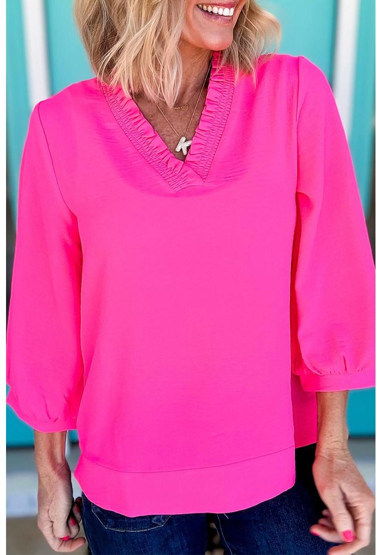 Elegante V-Ausschnitt-Bluse mit Bischofsärmeln stilvoll und bequem