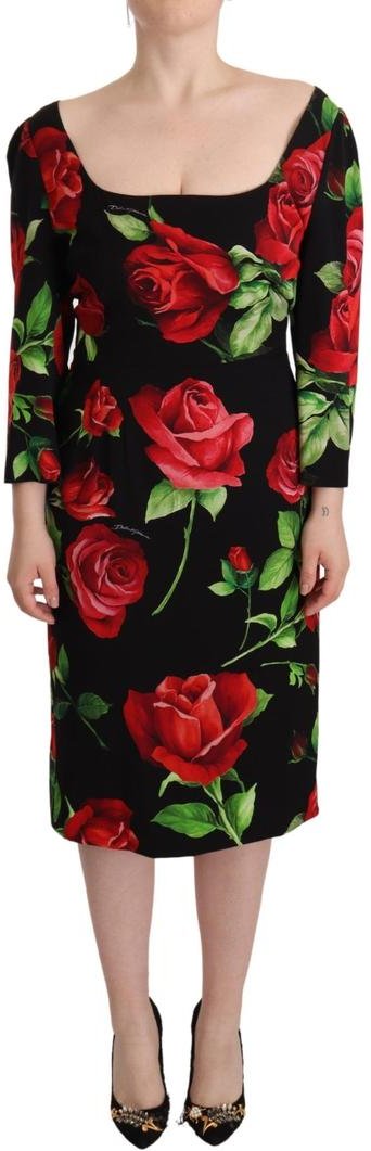 Dolce & Gabbana Damen Schwarzes Rotrosen Kleid aus Stretchseide