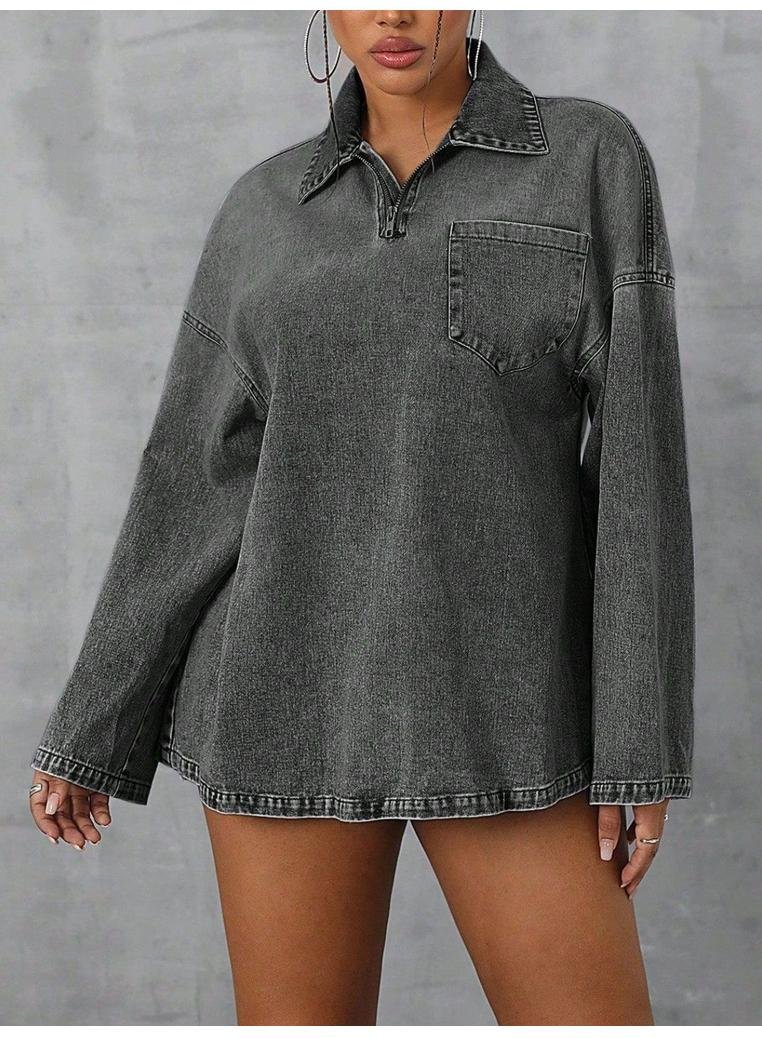 Damen Denim-Oberteil mit Kragen und Drop-Shoulder