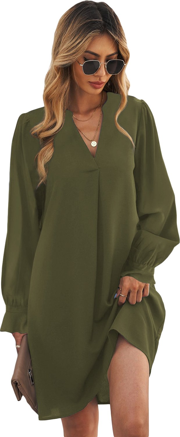 Grünes Shirtkleid mit V-Ausschnitt und Rüschensäumen